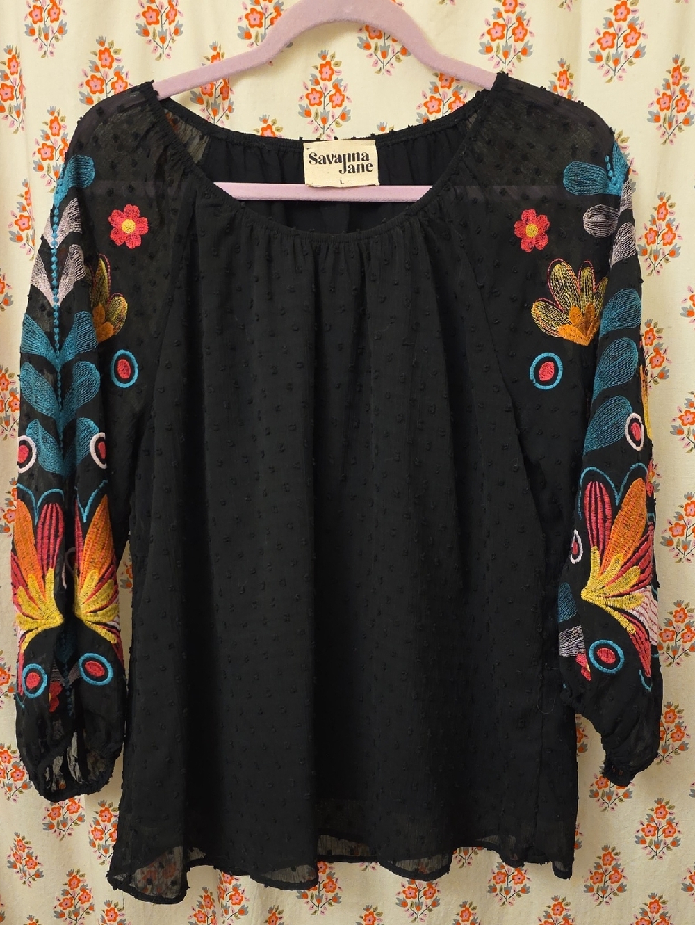 Savanna Jane Black Blouse with Multicolor Floral Embroidery